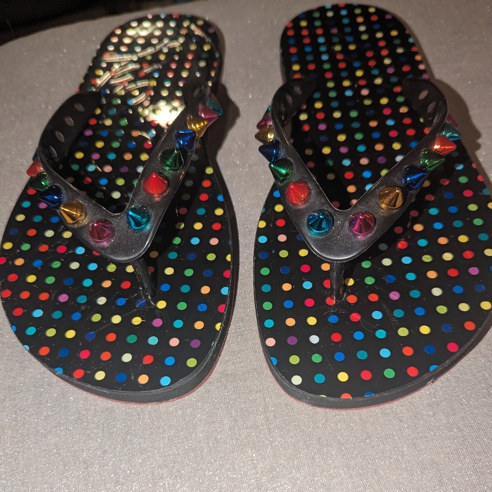 Christian Louboutin LOUBI Spikes Polka Dot Boum Flip Flop Flat Sandal 36